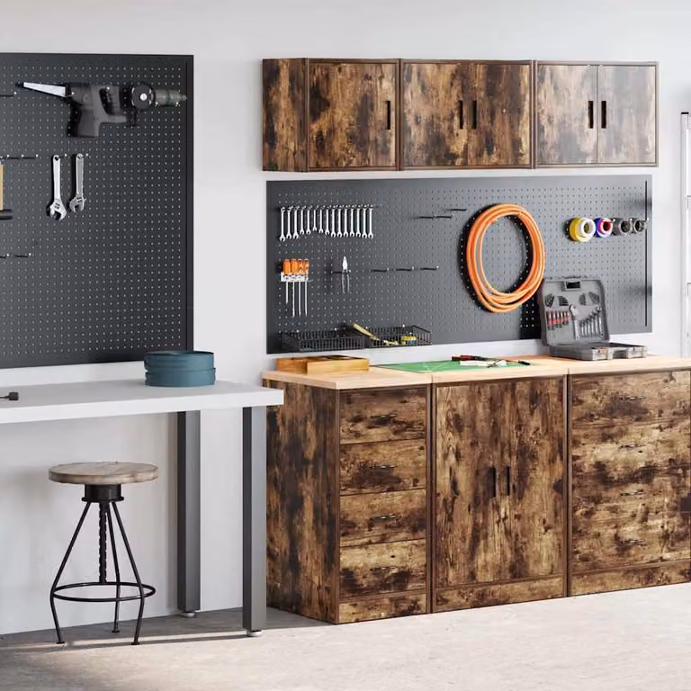 Set di 2 armadi da garage vidaXL in legno multistrato color rovere fumo con ante a battente e cassetti interni
