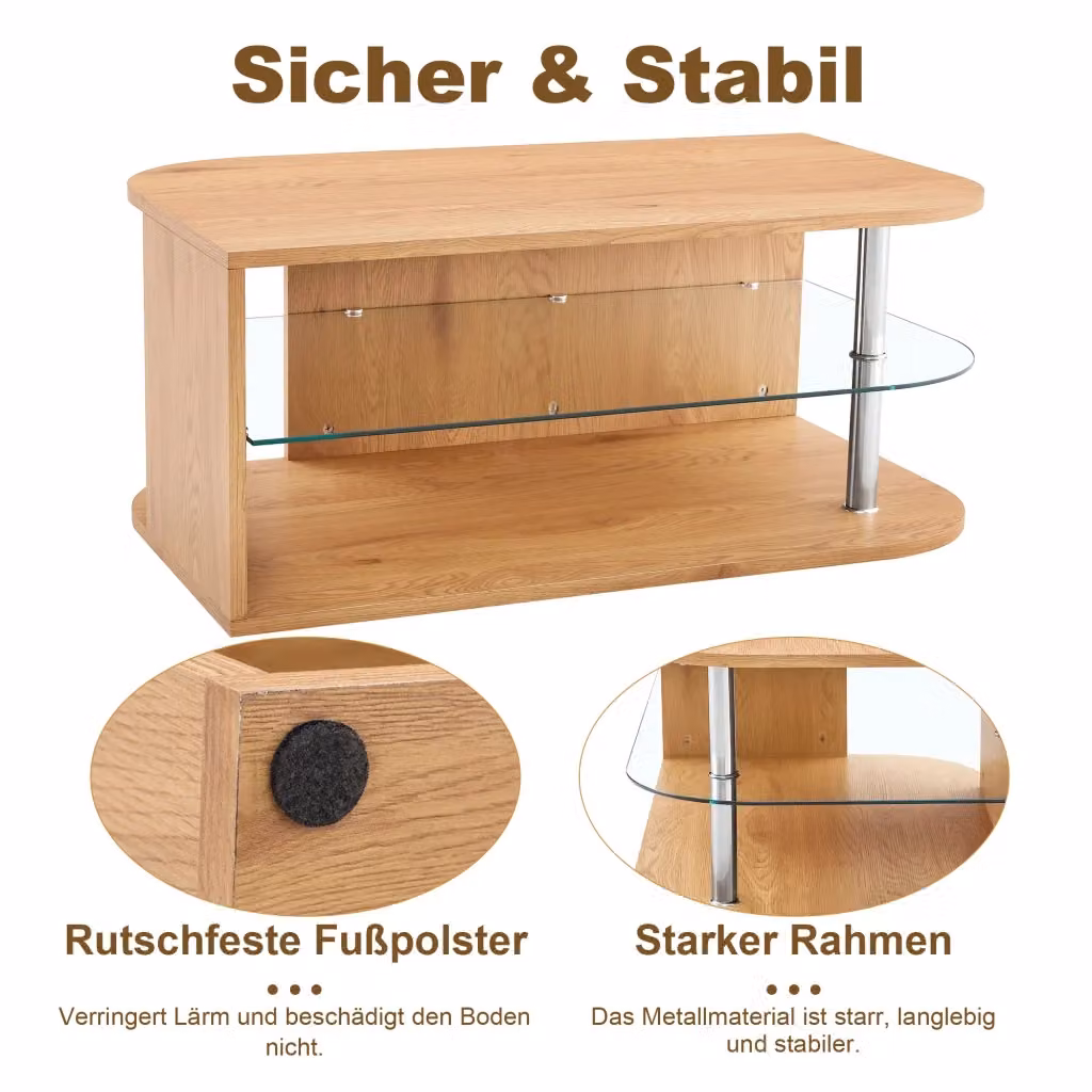 Tavolino da salotto REDOM in stile scandinavo con piano in vetro trasparente e struttura in MDF marrone, L: 60 cm, P: 100 cm, H: 42 cm – 2