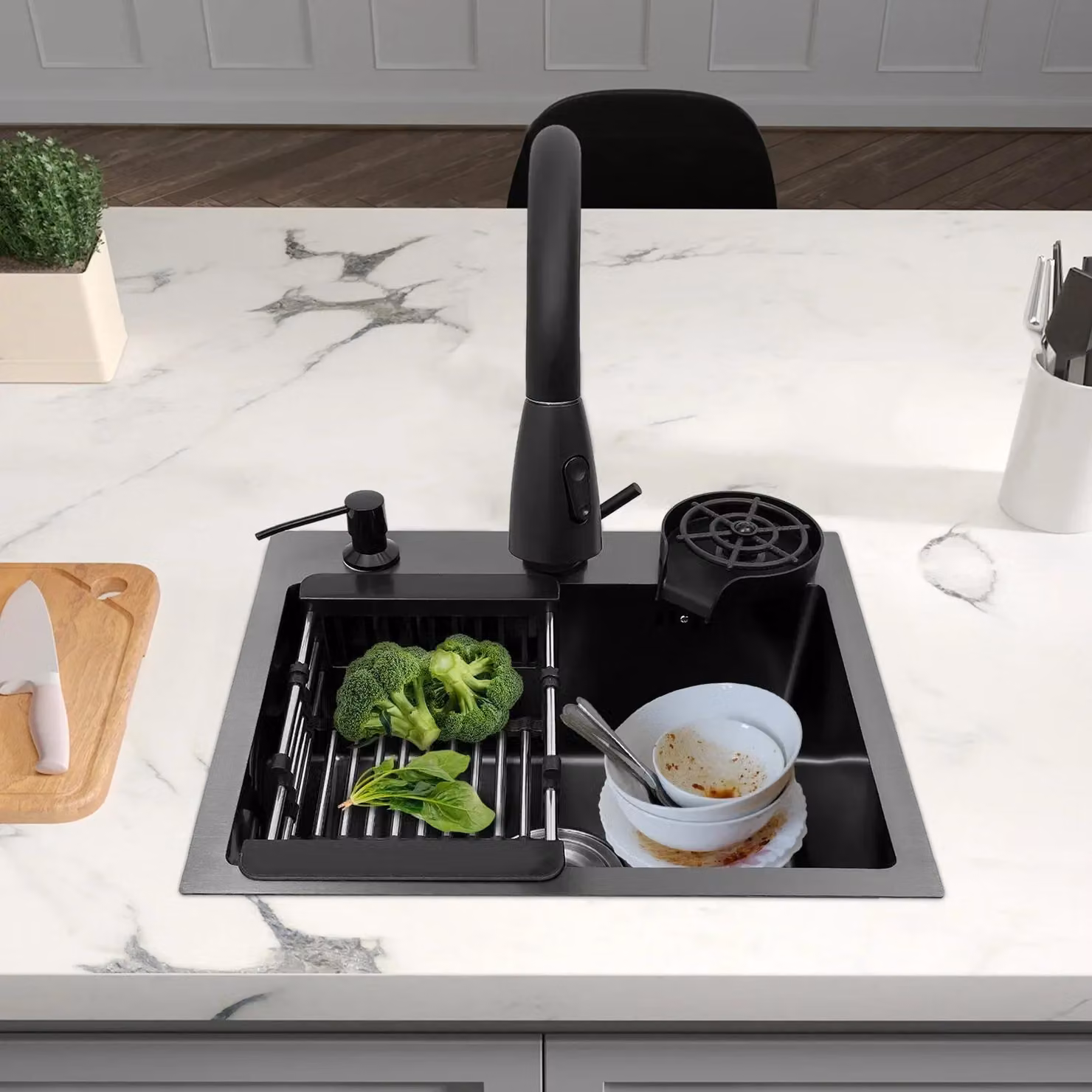 Lavello da cucina con miscelatore estraibile - 45 x 40 cm - Acciaio inossidabile - Vasca singola