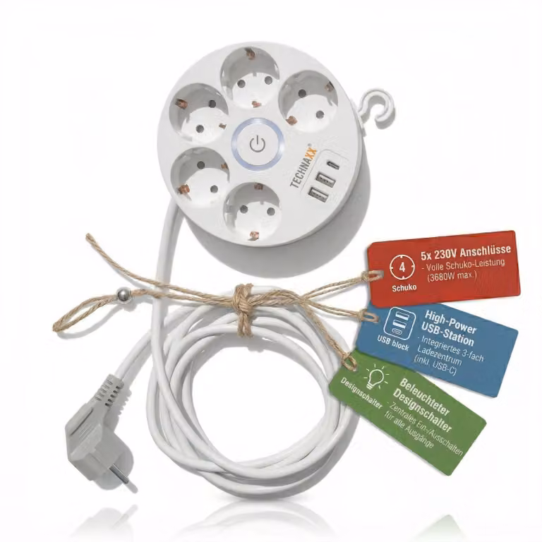 Technaxx TX-259 Avvolgicavo 5 prese da 230 V + 3 porte USB (USB-C) 3680 W, multipresa, bianco