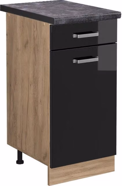 Mobiletto base per cucina Vicco R-Line Nero lucido e Rovere con ante a battente e cassetti, L: 40 cm, H: 81,6 cm, P: 60 cm – 1