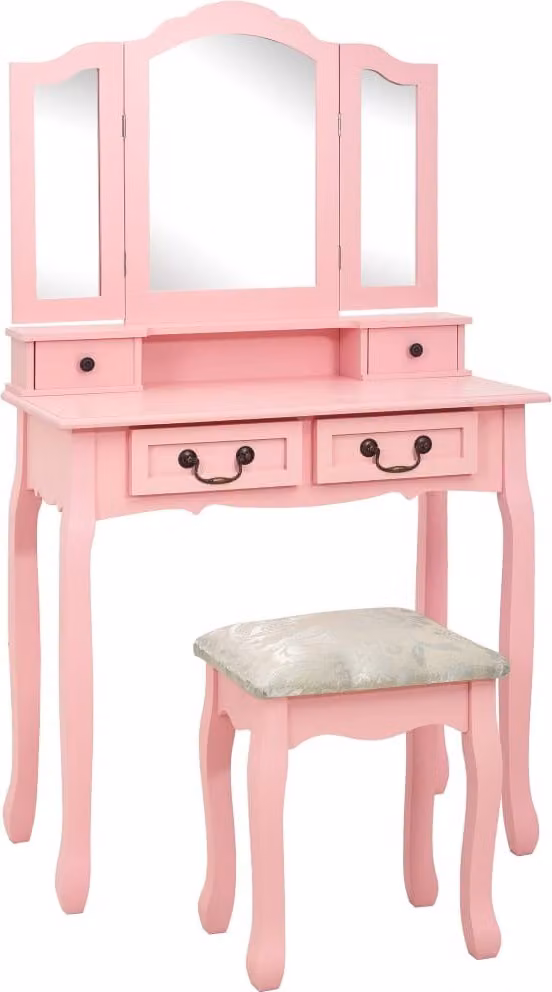The Living Store Set da toilette con sgabello Rosa 80×69×141 cm Legno di Paulownia