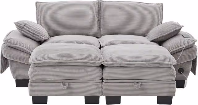Divano modulare 2 posti in velluto a coste con 2 pouf; USB-C e tasche laterali; grigio chiaro