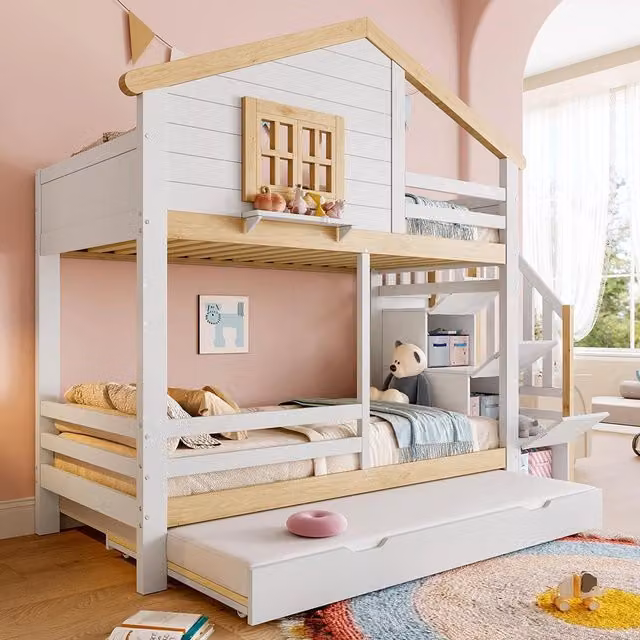 Letto a castello-Xylo-90x200cm, barriera, scala, finestra, bianco+naturale