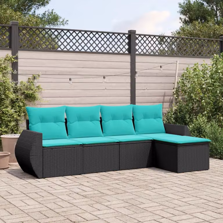 Set di divani da giardino vidaXL a forma di L composto da 5 pezzi con cuscini, struttura in polyrattan e metallo nero con cuscini blu e turchesi
