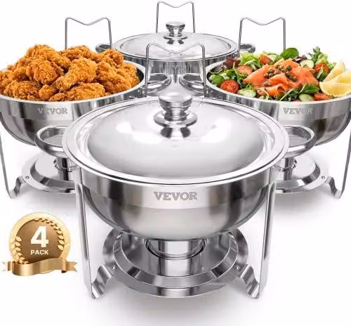 Scaldavivande per Buffet VEVOR in Acciaio Inox con 4 Padelle Full Size e Coperchio, Argento