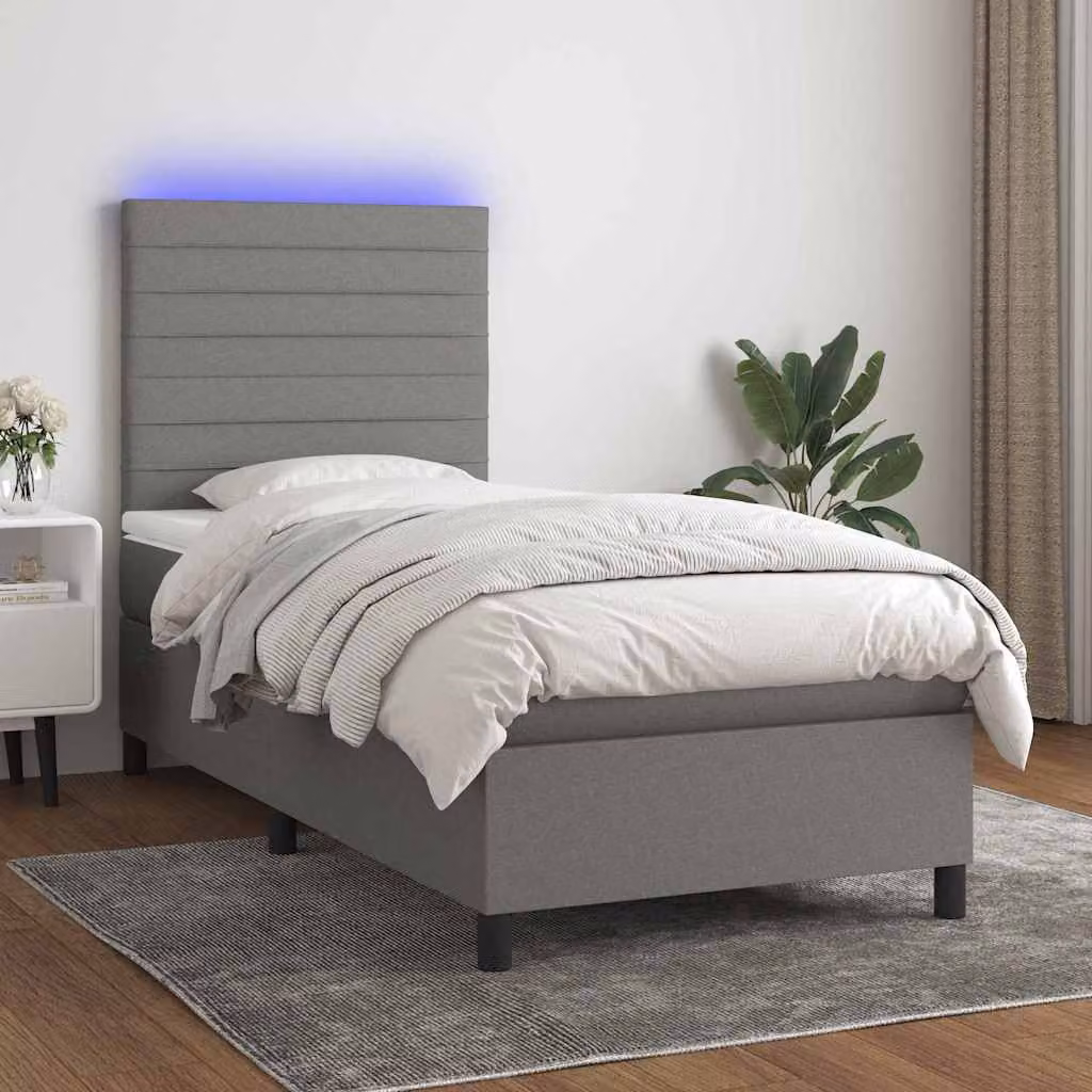 Letto a molle con materasso e illuminazione LED vidaXL in tessuto grigio, L/P: 90 x 190 cm – 1
