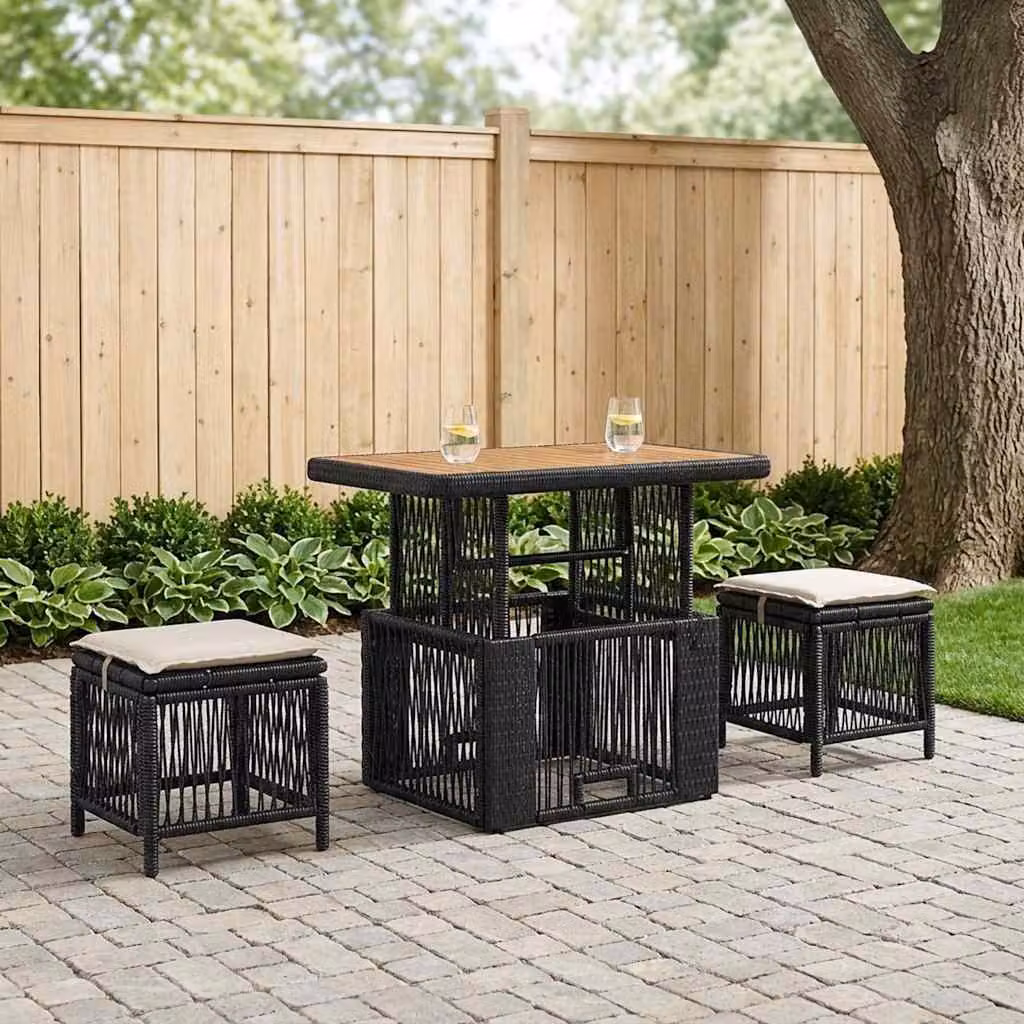 Set da pranzo per giardino e balcone vidaXL in polyrattan e legno di acacia, 3 pezzi, Nero e Beige