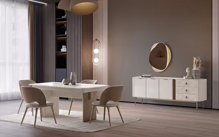 Tavolo, sedie, credenza, specchio, set moderno, colore bianco