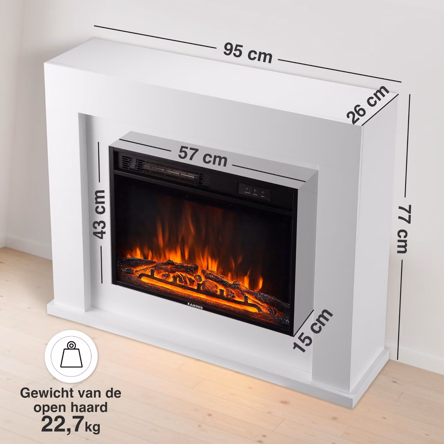 Camino elettrico a pavimento, bianco - 1800 Watt - 95 cm di larghezza - Effetto legno