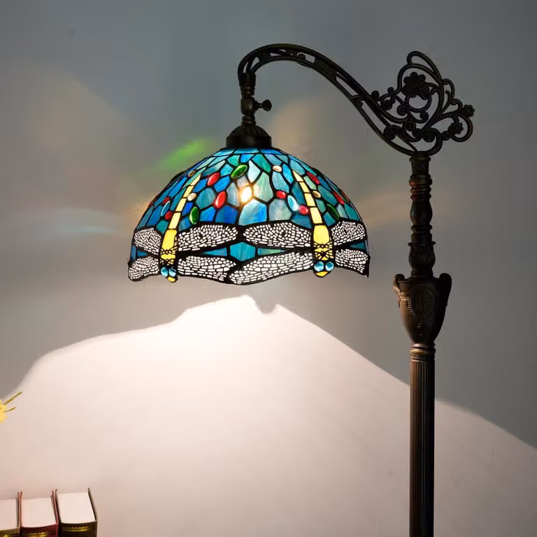 Lampada da terra Tiffany - Vetro piombato - Libellula blu verde - 43 x 160 cm - Paralume regolabile