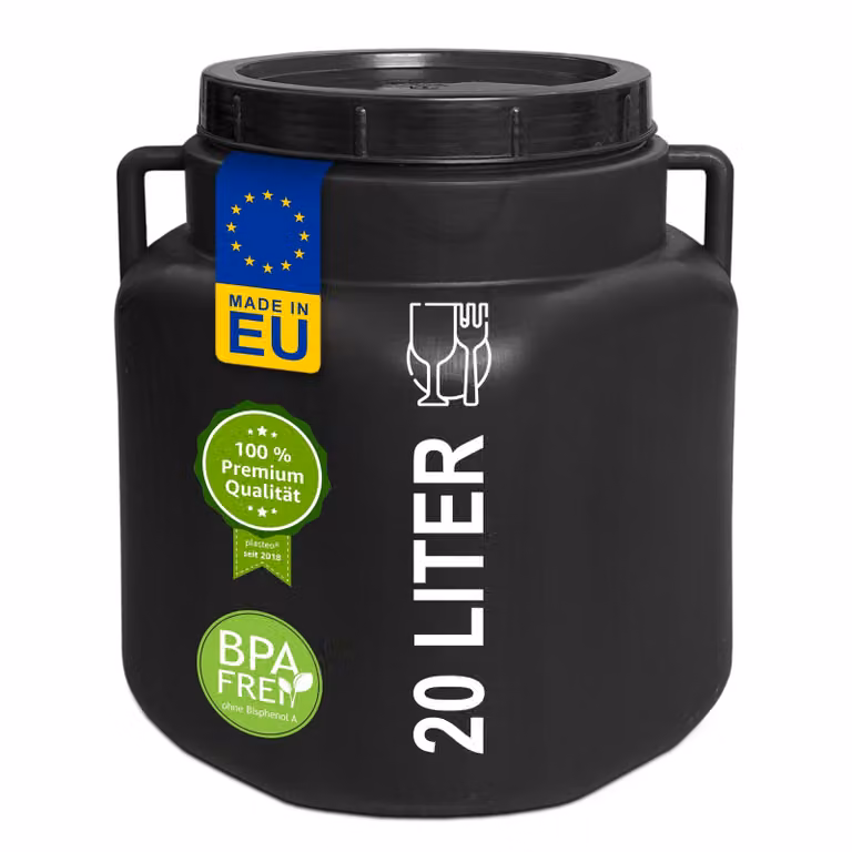 plasteo® fusto a collo largo da 20 litri con coperchio e maniglie quadrato nero, sicuro per gli alimenti senza BPA, fusto di alimentazione fusto in plastica fusto universale fusto con coperchio