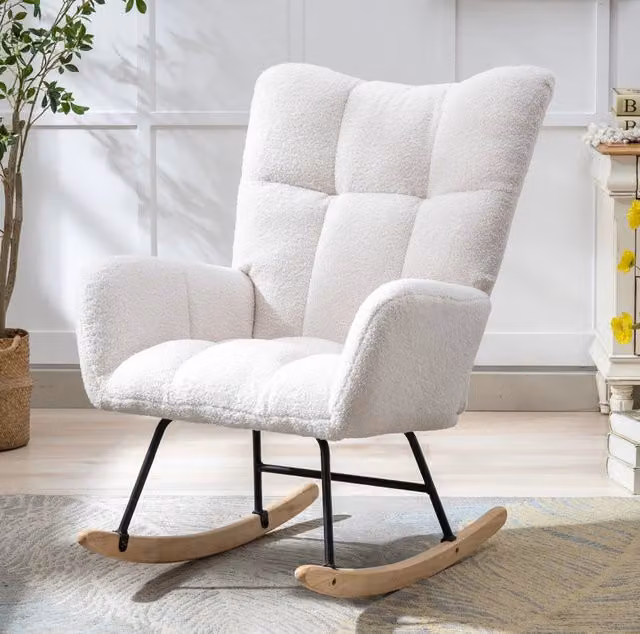 Sedia a Dondolo in Tessuto Teddy; Design Ergonomico Bianca per Cameretta e Soggiorno