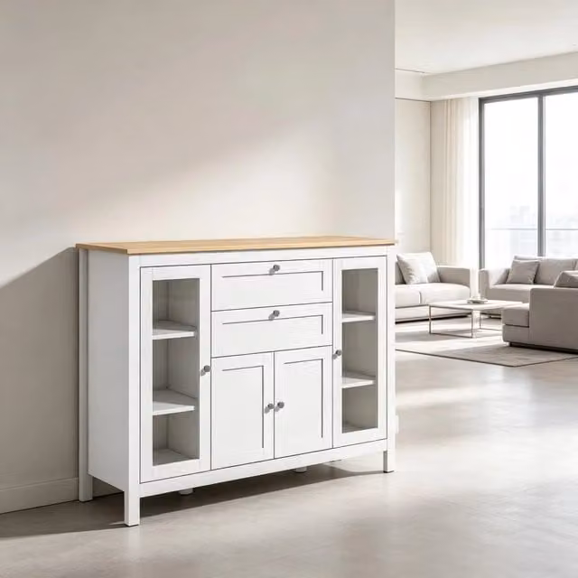 Credenza con 2 ante in vetro temperato, 2 ripiani e 2 cassetti, per soggiorno e cucina, bianco, 120 × 40 × 90 cm