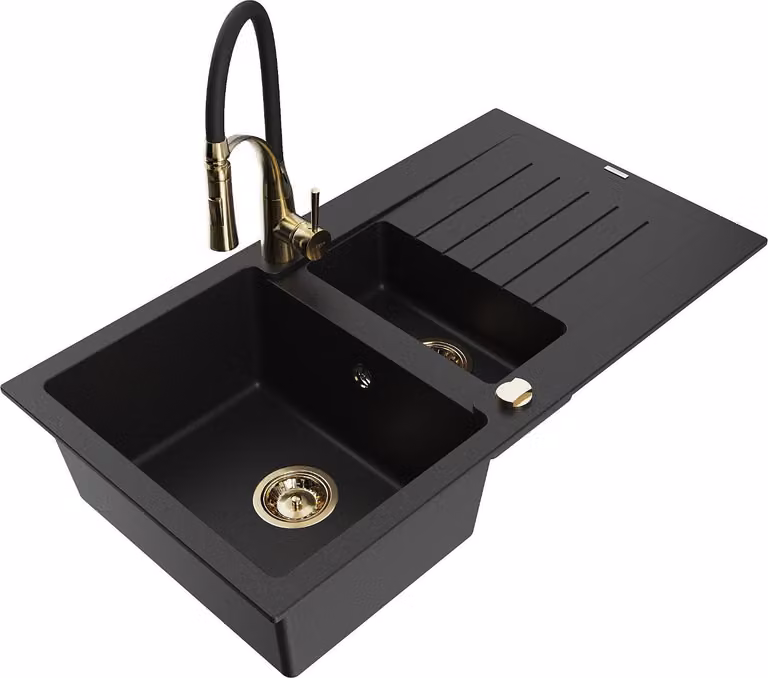 Mexen Matias lavello in granito 1,5 vasche con scolapiatti e rubinetto da cucina Aster, nero - 6502-77-73450-57-G