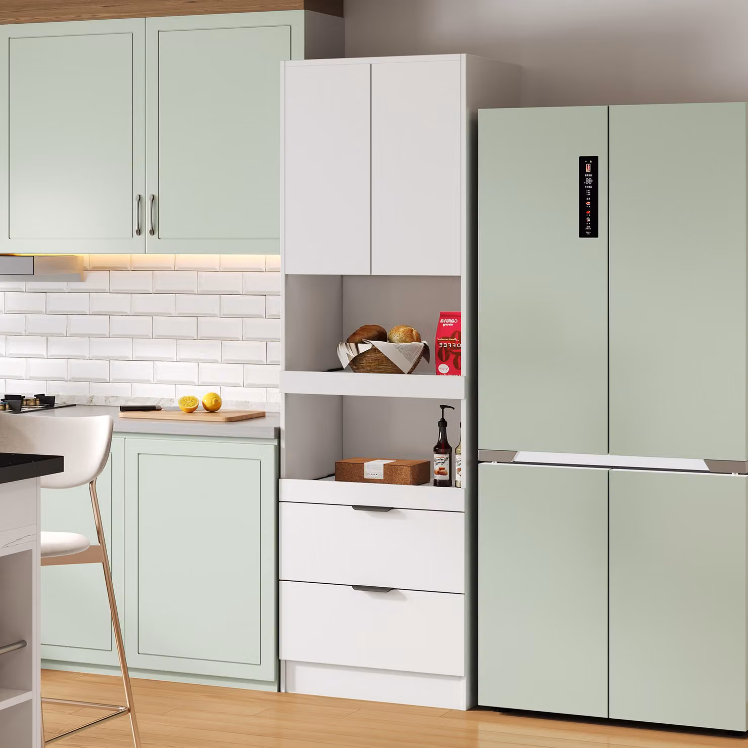 Flieks Mobile da cucina alto 2 m, mobile alto con 2 ripiani scorrevoli e 2 cassetti, mobile laterale per sala da pranzo soggiorno bagno, ripiani per microonde, bianco