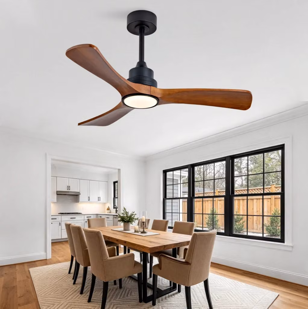 Ventilatore da soffitto MODFU con luce LED, 3 pale in legno massello, nero e noce scuro, con telecomando e timer – 2