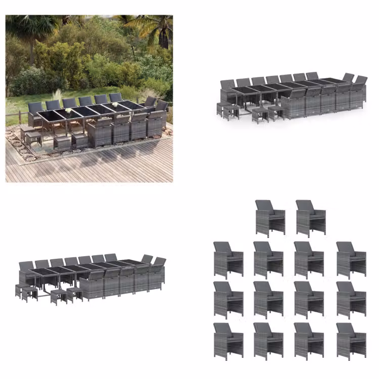 vidaXL Set da pranzo da giardino 19 pezzi con cuscini in poly rattan grigio - Set da pranzo da giardino - Set da pranzo da esterno - Set da pranzo da giardino - Set da pranzo da giardino