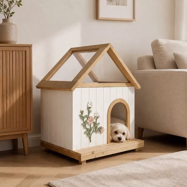 Casetta per cani Minimal in legno massello naturale stile cottage bianco con finitura resistente alle intemperie
