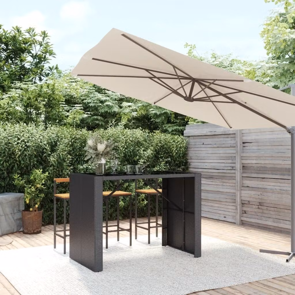The Living Store Tavolo da bar con piano in vetro nero 145x80x110 cm in poly rattan