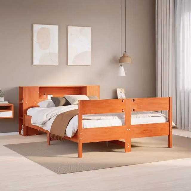 Letto Libreria vidaXL in Pino Massiccio Marrone Cera con Ripiani Laterali L/P/H: 190 x 135 x 82 cm