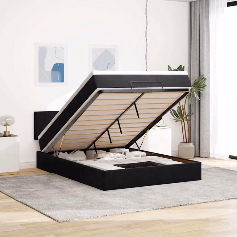 Struttura Letto con Materasso e Contenitore a Sollevamento vidaXL in Velluto Nero L/P/H: 193 x 144 x 88 cm