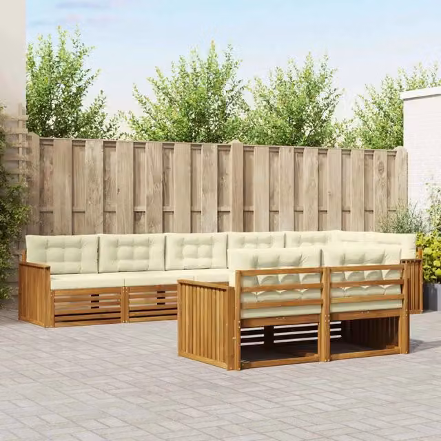 Set di divani da esterno a L vidaXL in legno di acacia con cuscini, beige e bianco