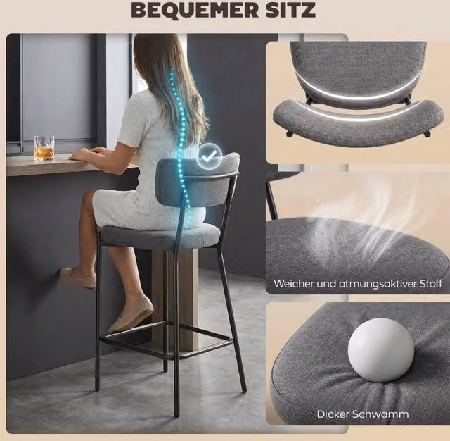 Set di 2 sgabelli da bar imbottiti con schienale curvo, altezza seduta 63 cm, grigio, per isola cucina e colazioni