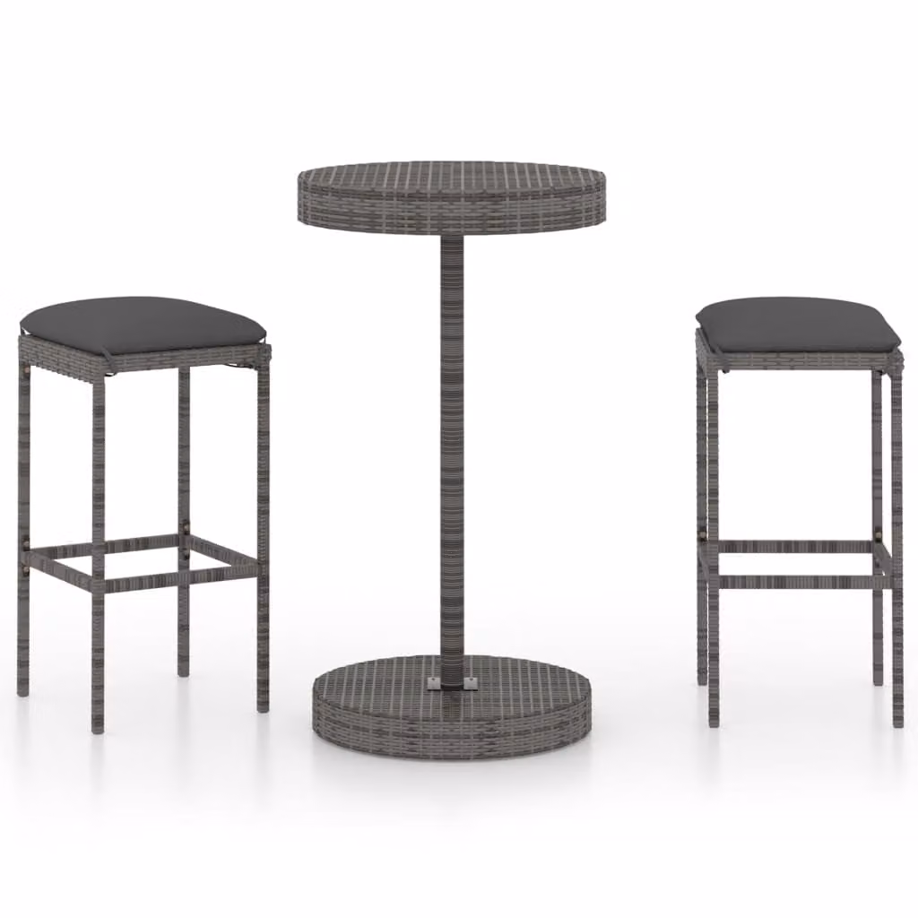 Set Bar da Giardino 3 pz con Cuscini in Polyrattan Grigio