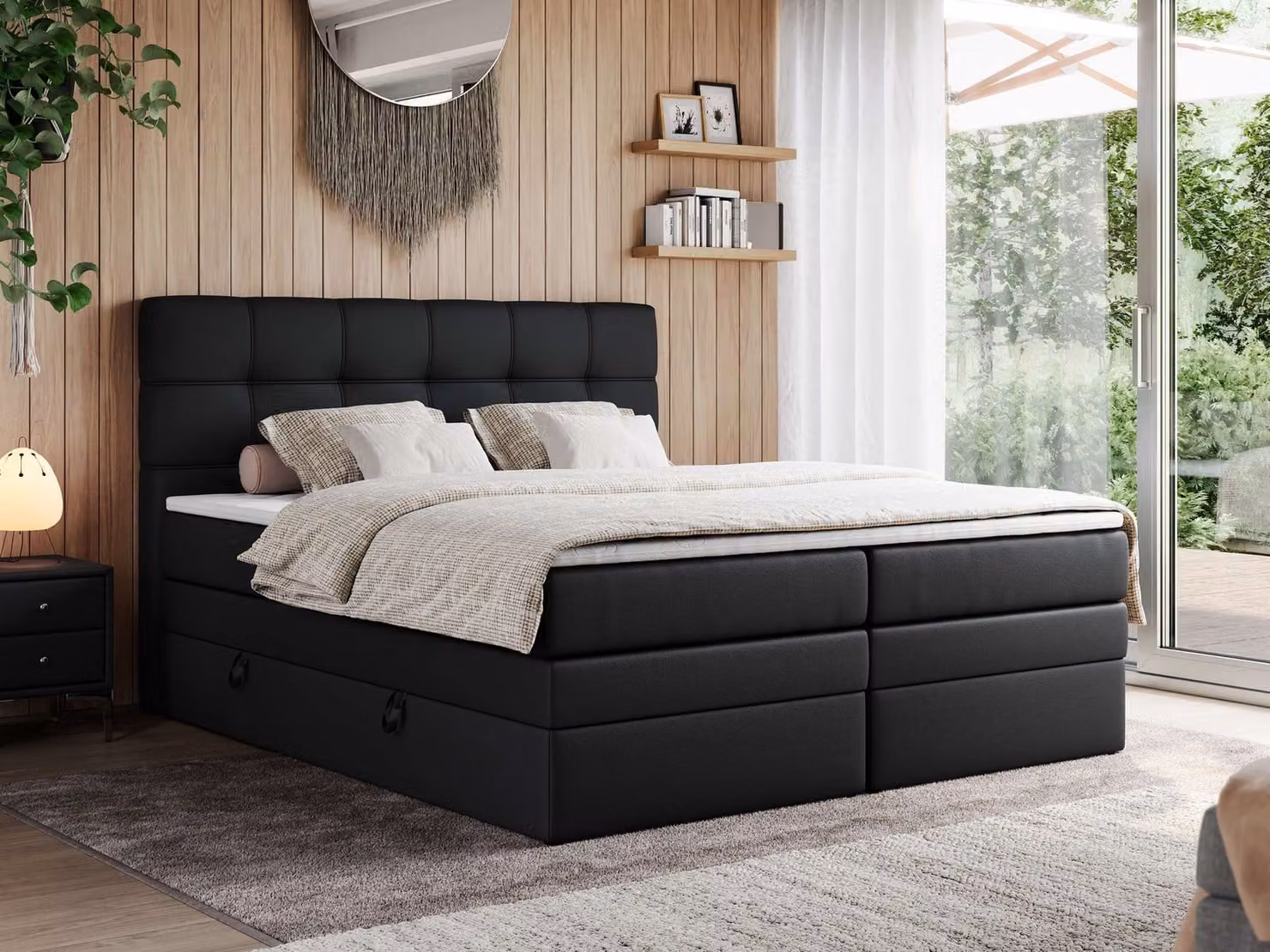 Letto boxspring, letto imbottito, letto, camera da letto - ERNI-KING - 200x200 cm - Nero - H3