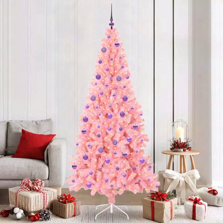 Albero di Natale moderno vidaXL rosa con luci LED bianco caldo in PVC, Altezza: 210 cm