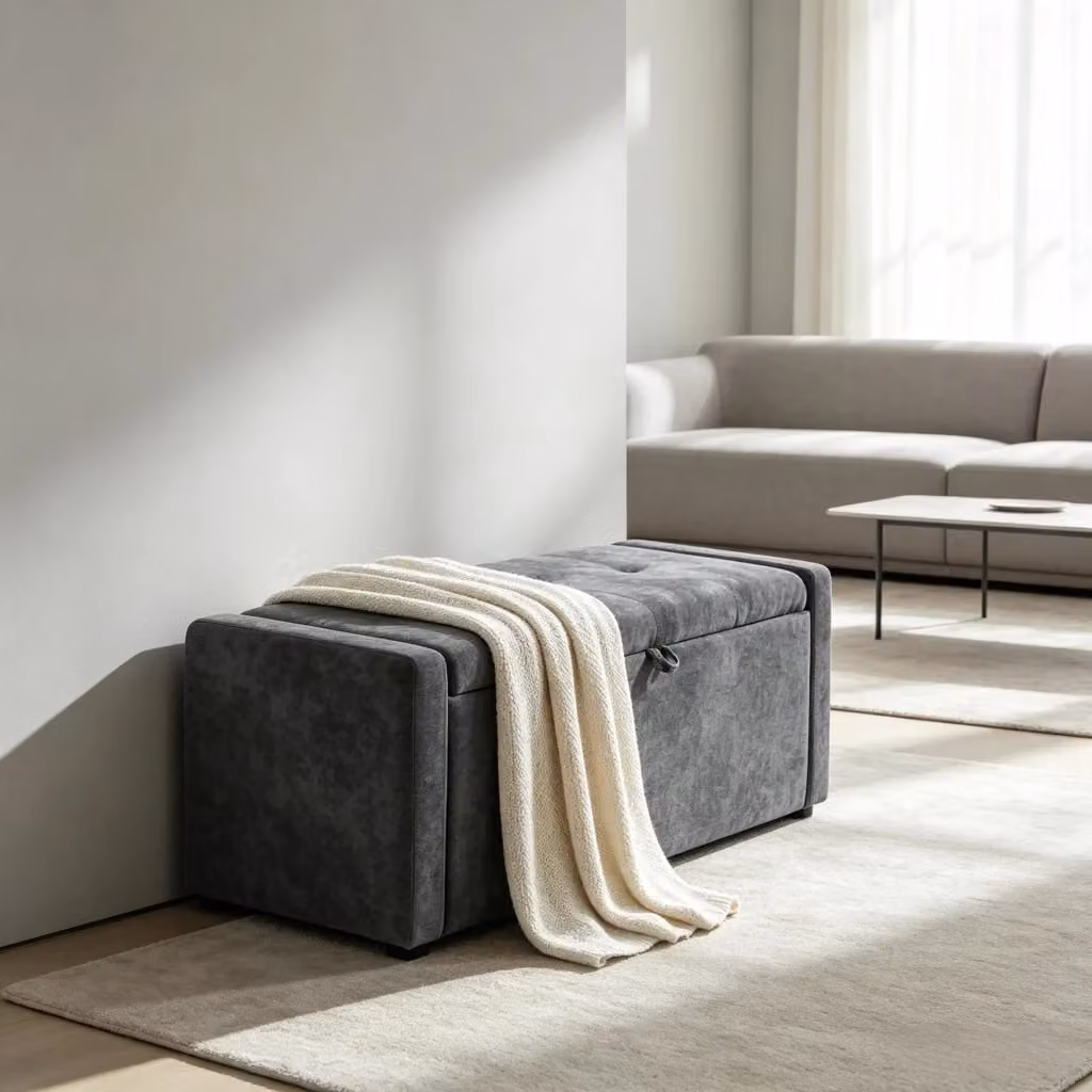 Panca contenitore WISHDOR in tessuto grigio con struttura in legno e seduta ampia L: 122 cm, P: 48 cm, H: 44 cm – 2