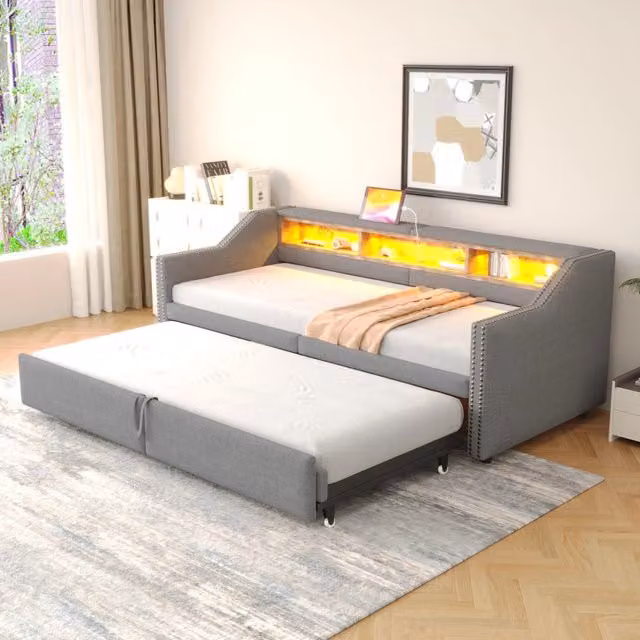 Divano letto estraibile 90/180 x 200 cm con rete a doghe; luce LED e presa USB; struttura grigio chiaro