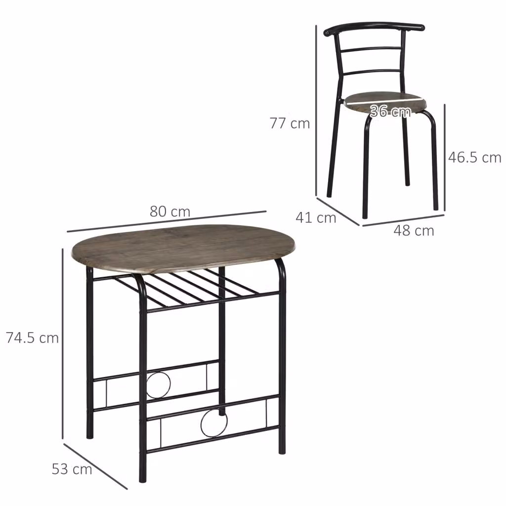 Set bistro WISHDOR con tavolo rotondo e 2 sedie nere con ripiano portaoggetti, struttura in metallo e MDF, L/P/H: 80 x 53 x 74,5 cm – 2