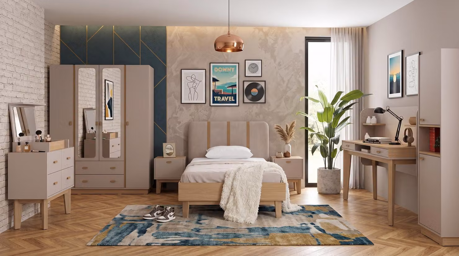 Camera da letto per ragazzi color beige: letto, comodini, armadio, cassettiera, scrivania, libreria
