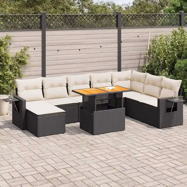 Set Divani da Giardino 9 pz con Cuscini Nero in Polyrattan 3327185