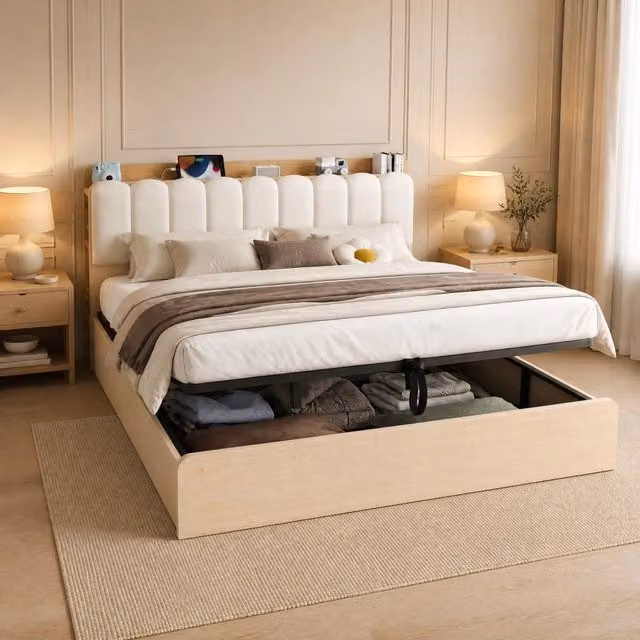 Letto contenitore 180 × 200 cm con testiera imbottita, USB, luce notturna e ripiani, senza materasso, legno naturale