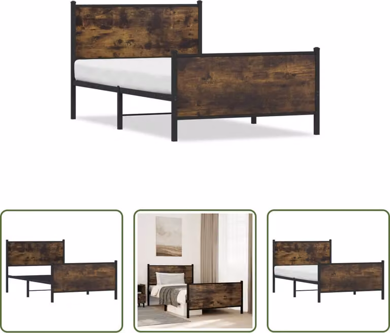 The Living Store Struttura letto con testiera e pediera in metallo rovere fumé 100x200cm