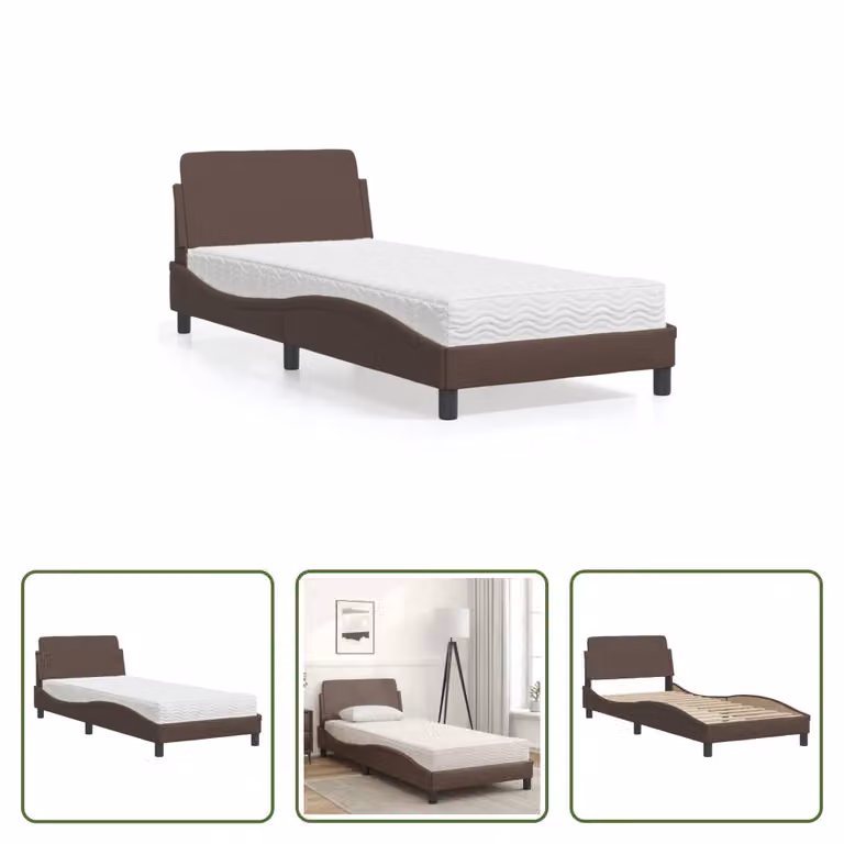 The Living Store Letto con materasso marrone 80x200 cm in ecopelle