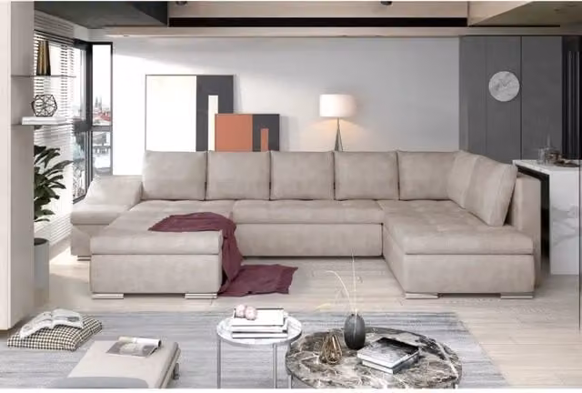 Divano panoramico trasformabile GYOVANI MEUBLORAMA beige con angolo a sinistra e poggiatesta regolabile L/P/H: 351 x 190 x 82 cm – 1