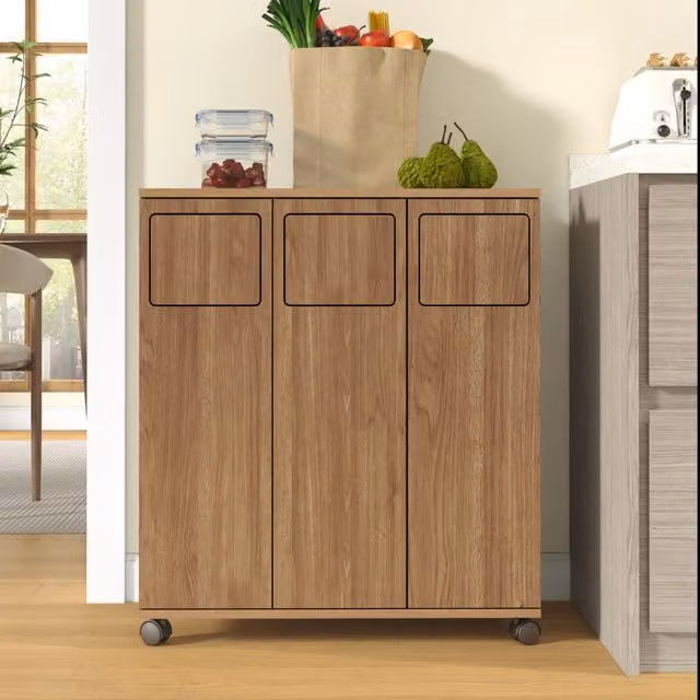 ARMADIO PATTUMIERA 3 SCOMPARTI 69,3x35x80,3 cm MDF NATURALE CON RUOTE