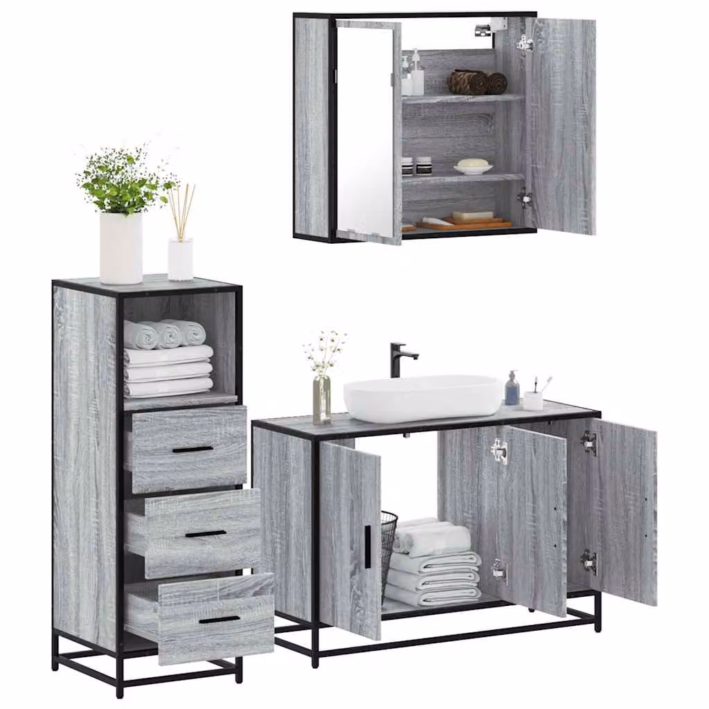 Set di mobili da bagno industrial vidaXL in 3 pezzi colore grigio con mobile lavabo, pensile con specchio e mobile laterale in legno e metallo