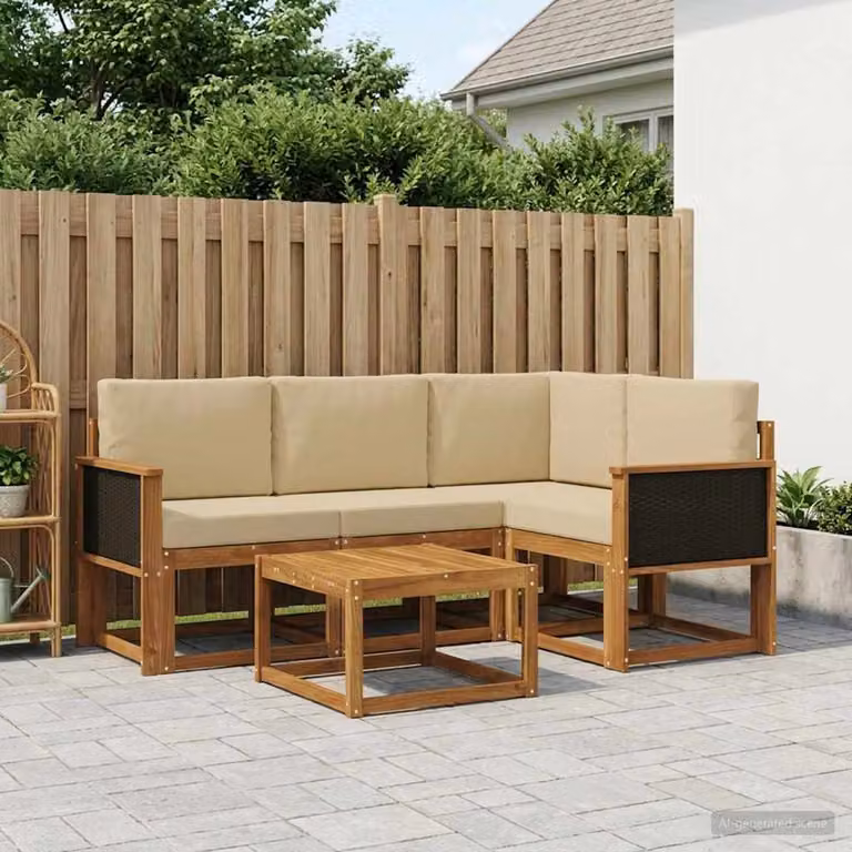 Set di divani da esterno vidaXL a forma di L composto da 5 pezzi con tavolo da caffè, in legno di acacia e tessuto beige e marrone resistente ai raggi UV