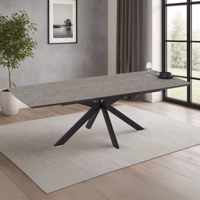 Tavolo da pranzo allungabile EFFEZE moderno con piano in MDF grigio opaco e gambe in metallo nero L/P/H: 180 x 100 x 76 cm