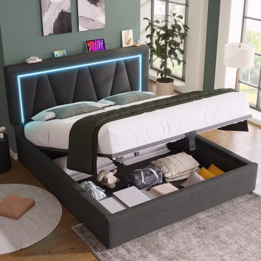 Letto imbottito 140x200 cm con spazio contenitore, connessioni USB e di tipo C, illuminazione LED, poggiatesta regolabile in altezza e rivestimento in lino, senza materasso