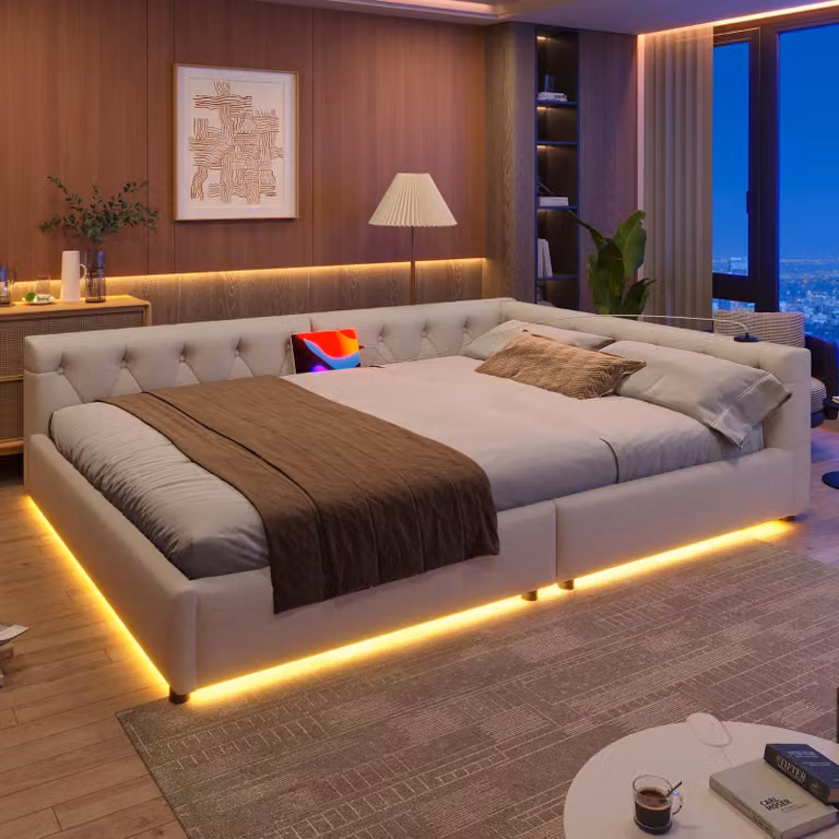 okwish divano letto, daybed, daybed, 140x200cm, divano letto con rete a doghe, illuminazione ambientale con telecomando, testata con ciuffo a bottoni, usb+tipo-c, lino, beige, senza materasso