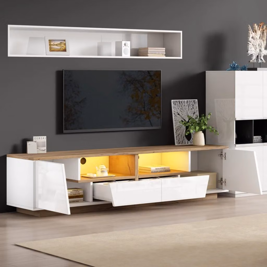 Mobile TV Mivray moderno con illuminazione LED controllabile via app, 2 cassetti e 2 vani semiaperti, bianco e beige, L/P/H: 180 x 40 x 46 cm – 2