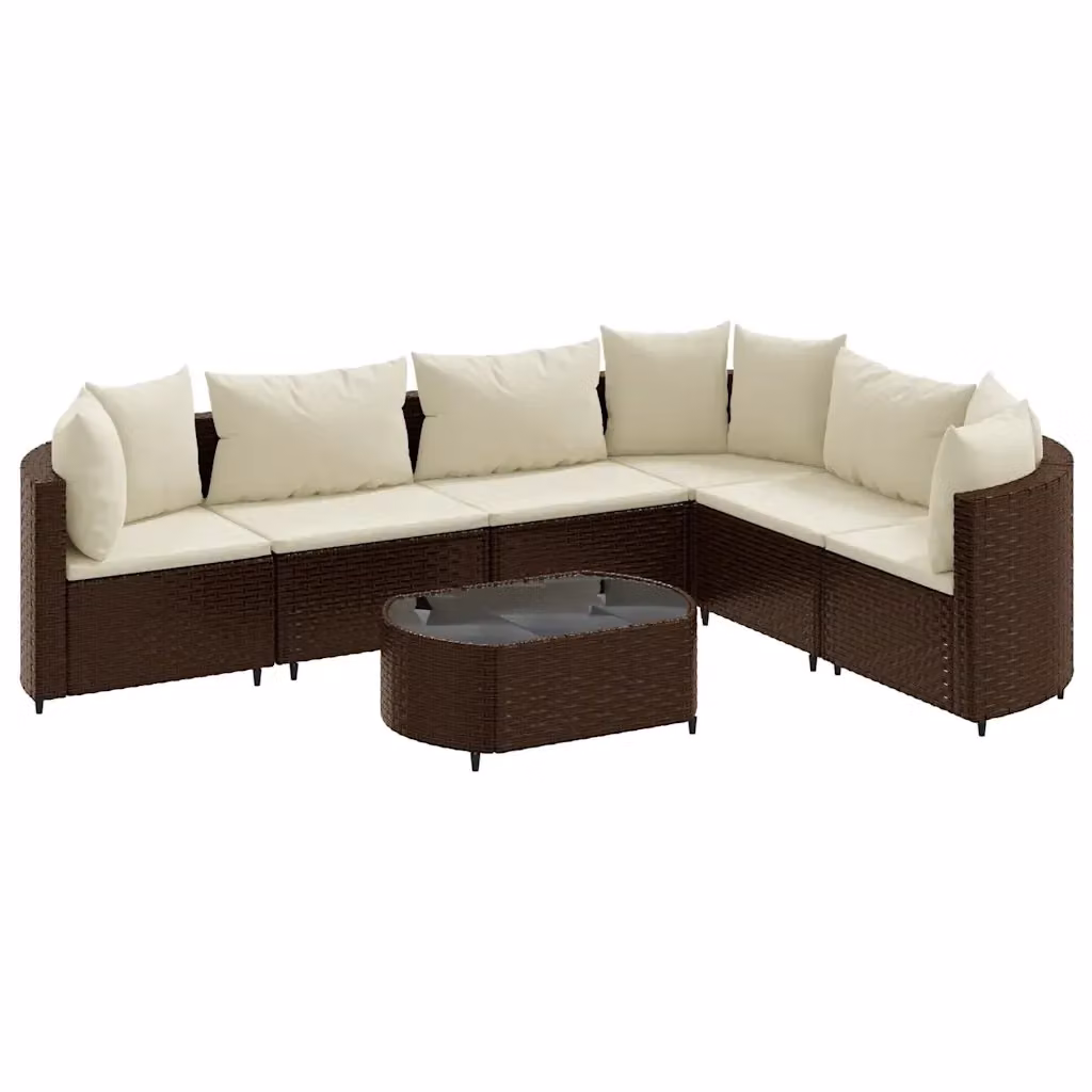 vidaXL Set Divani da Giardino 7 Pezzi con Cuscini Marrone e Bianco in Polyrattan e Acciaio – 2