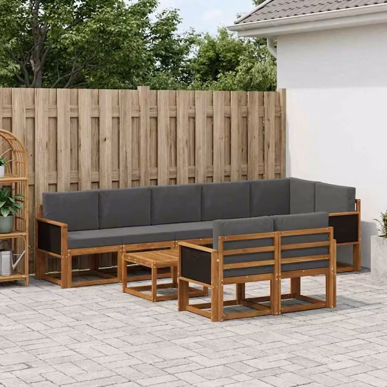 Set di divani da esterno vidaXL a forma di U composto da 9 pezzi in legno di acacia con cuscini in poliestere beige e antracite e tavolino da caffè