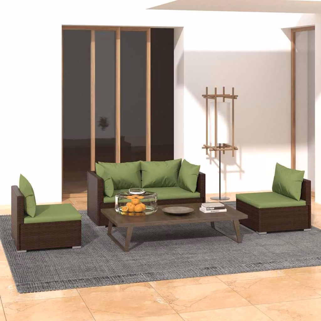 Set di divani da giardino vidaXL a forma di L con cuscini, struttura in metallo e rattan, colore marrone e verde